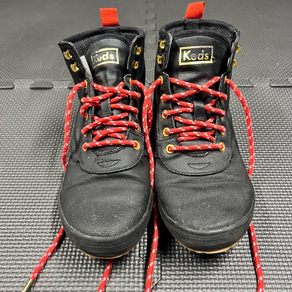 Keds Black Canvas High-Top Sneakers With Red Laces & Gold Eyelets